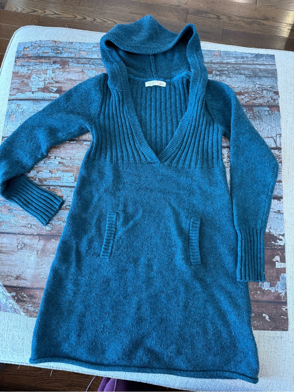 Old NavyTeal Hooded V-Neck Wool Cotton Sweater Dress Small but more like XS